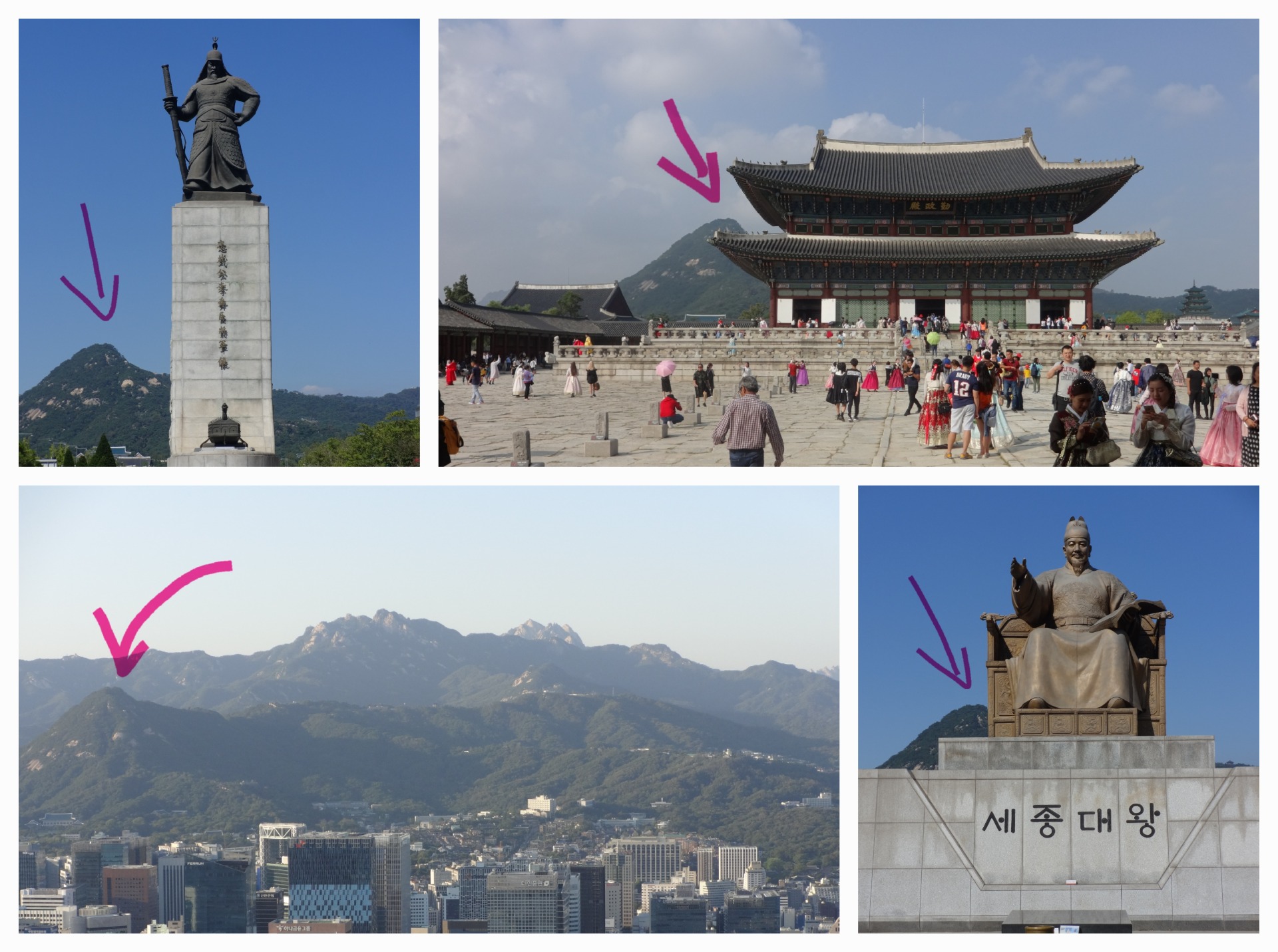 zleva po směru hodinových ručiček – za admirálem Yi Sun Shinem, za palácem Gyeongbokgung, za králem Sejongem a pohled z N Seoul Tower na Namsanu