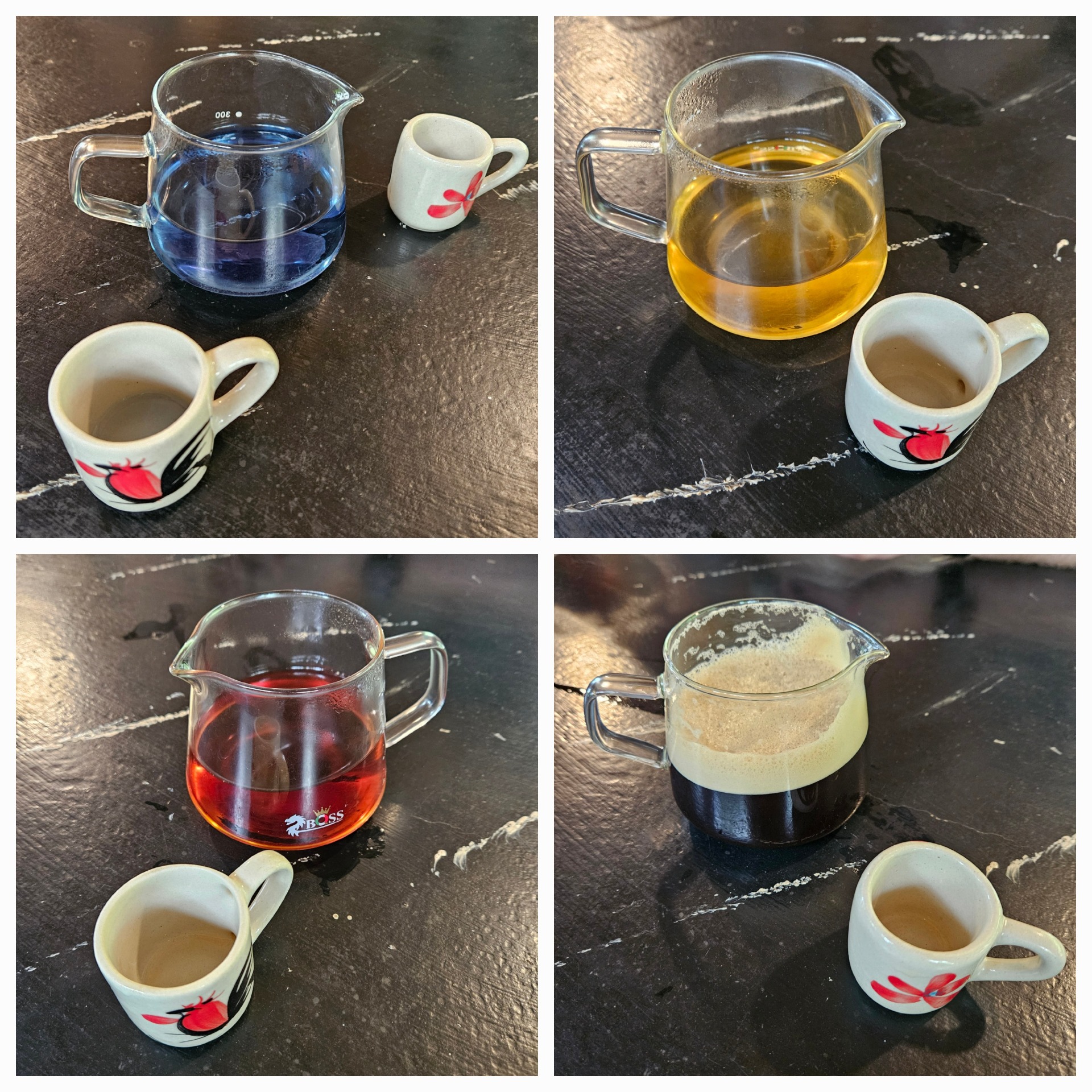 zleva nahoře po směru hodinových ručiček: motýlí čaj z klitorie ternatské, žlutý čaj, káva z místní kávové plantáže a thajský červený čaj